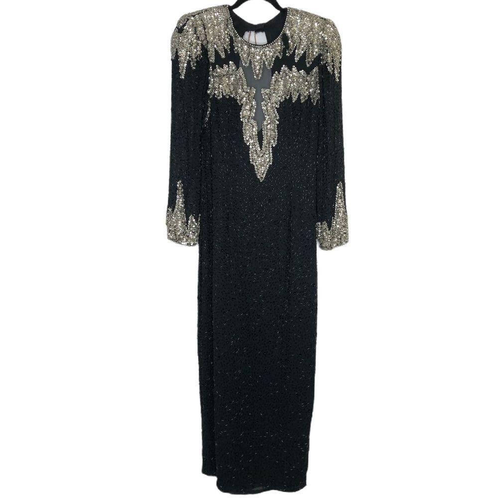 Vintage 80s Lime Night Beaded Long Dress Silk 10